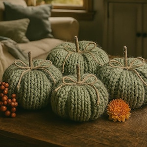 Chunky Knit Pumpkin: Sage Green Fall Decor with Twig Stem