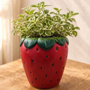May include: A red strawberry-shaped ceramic planter with a green leafy top. The planter has black seed details and is filled with a green and white variegated plant. The planter is sitting on a wooden surface.
