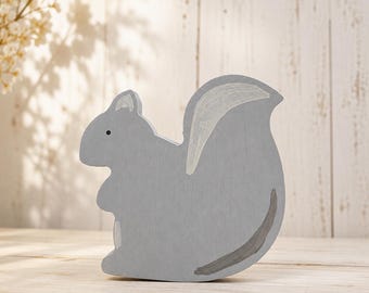 Handmade Wooden Squirrel Shelf Sitter, Rustic Gray Woodland Decor