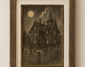 Witch House Graveyard Print: Gothic Halloween Pen & Ink Illustration (Digital Download 8x10 PNG File )