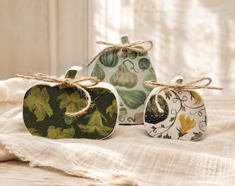 Handmade Decoupage Wooden Pumpkins | Cottagecore Fall Shelf Sitter Décor