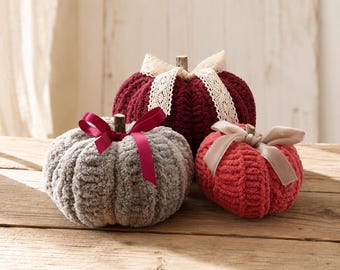 Mulberry Manor Knit Pumpkin Set | Handmade Chenille Velvet Fall Decor (Set of 3)