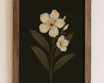 Vit oleander-tryck – Stämningsfull botanisk konst, Dark Academia (digital nedladdning)