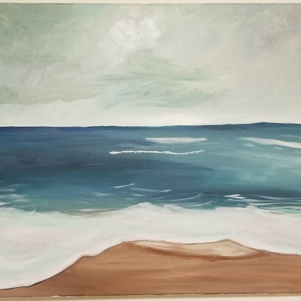Teal Waters, painting, beach, ocean, oil, blue, sand, water, nautical, shore, hand painted, art, original, storm, clouds, wall art