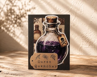 Handmade Halloween Card, Curse Quencher Potion, Gothic Apothecary Greeting