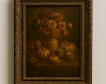 Cozy Fall Still Life Print: Pumpkins, Candles & Blush Florals (Digital Download)