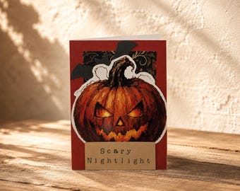 Handmade Scary Nightlight Halloween Card, Layered Pumpkin Art, Spooky Season Greeting