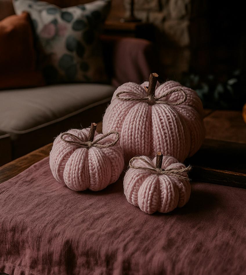 Blush Knit Pumpkins Fall Decor – Handcrafted Yarn Pumpkins for Autumn, Breast Cancer Awareness, Halloween & Thanksgiving Vibes