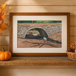 Autumn Bridge Art Print – Fall Landscape Painting, River Woods Wall Decor, Cottagecore Vibes