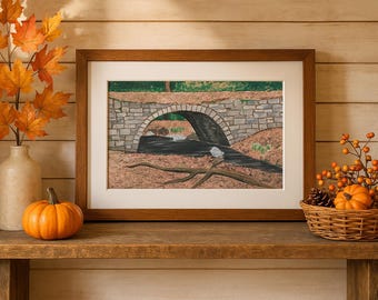 Autumn Bridge Art Print – Fall Landscape Painting, River Woods Wall Decor, Cottagecore Vibes