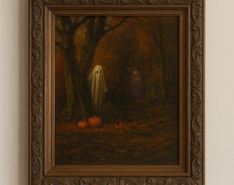Vintage Halloween Ghost Print: Spooky Autumn Forest Wall Art (Digital Download PNG)