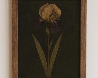 May include: A framed print of a yellow and purple iris flower on a dark green background. The flower is in a wooden frame.