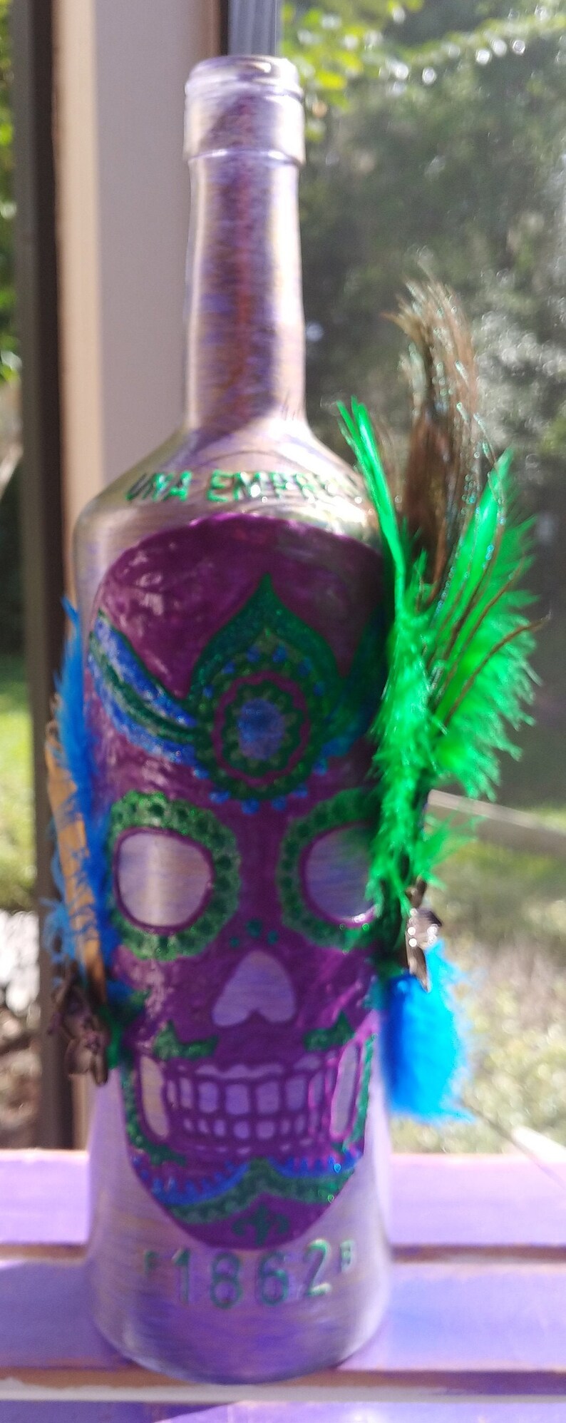 Hand-Painted Handmade Upcycled Glass Wine Liquor Bottle Single Stick Incense Burner Holder Home Table Yoga D\u00e9cor Smoke New Orleans Skull