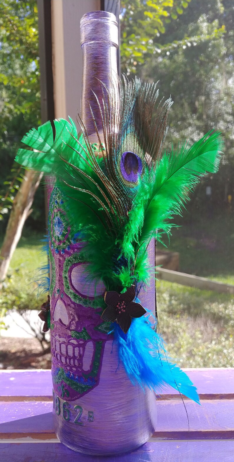 Hand-Painted Handmade Upcycled Glass Wine Liquor Bottle Single Stick Incense Burner Holder Home Table Yoga D\u00e9cor Smoke New Orleans Skull