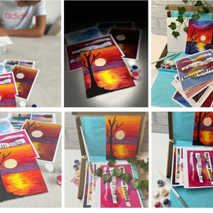 Pre-Prepared ACRYLIC PAINT Brush & Printed Image Sunset KIT with Tree Canvas Painting, Learn To Paint a Canvas