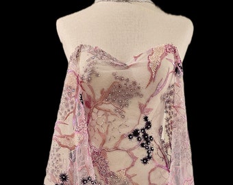 Pink Mauve Beaded Lace Tulle Fabric: Leaf Motif, 52" Wide
