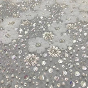Beaded 3D Flower Tulle Lace Fabric: Haute Couture Bridal Dress