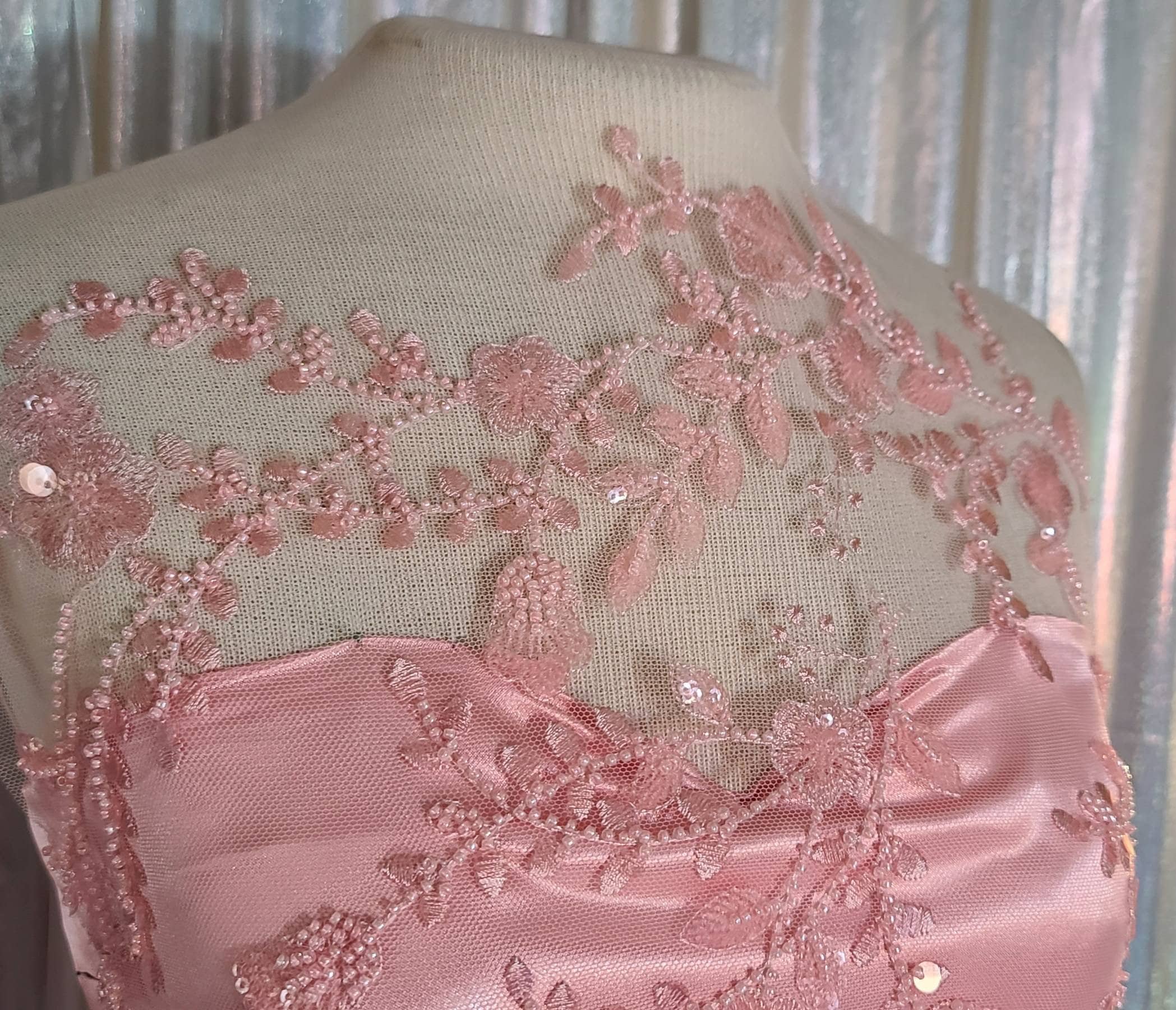 Hand Beaded Flower on Lace Tulle