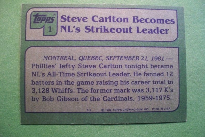 1982 Topps #1 Steve Carlton Sets New NL Strikeout Record**Over 30 Years Old!!