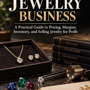 May include: A book titled The Profitable Jewelry Business by Werner Buchholz, featuring a gold necklace and stud earrings in a box, loose gemstones, a jeweler's loupe, tweezers holding a diamond, and a notebook with a pen on a dark surface.