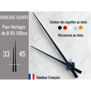 May include: Black clock hands with a square base, designed for large clocks. The image includes text in French: "HORLOGE GEANTE" and "Pour Horloges de Ø 90-100cm". The hands are available in various colors, with options for the mechanism.