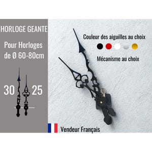 May include: Black clock hands with decorative designs, available in various colors. The image includes text indicating the hands are for clocks with a diameter of 60-80cm. The text also says "Color of the hands to choose" and "Mechanism to choose".