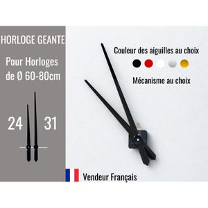 May include: Black clock hands with a square mechanism. The image shows the hands in two sizes, 24 and 31 inches. Text indicates the hands are for clocks 24 to 31 inches in diameter. The text also indicates the hands are available in black, red, white, silver, and gold.