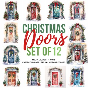 Christmas Doors Clipart Set of 12 Vibrant Colors JPG Digital Download Watercolor XMas Planners, Card Making, Digital Paper Craft, Cut Files
