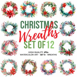 Christmas Wreaths Clipart Set of 12 Vibrant Colors JPG Digital Download Watercolor XMas Planners Card Making Digital Paper Craft Cut Files