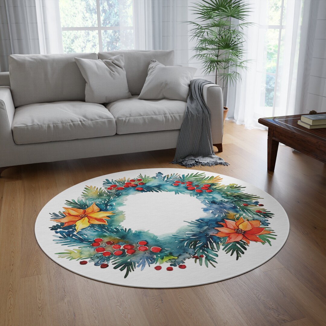 Christmas Wreath Round Rug Watercolor Art Gift Idea for Mom Home Xmas ...