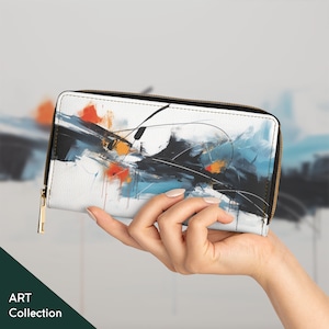 Portefeuille à fermeture éclair d'art abstrait en cuir sans cruauté envers les animaux Idée de cadeau de Noël Conception d'impression d'art unique dans le style de la peinture à l'huile Joyeuses fêtes
