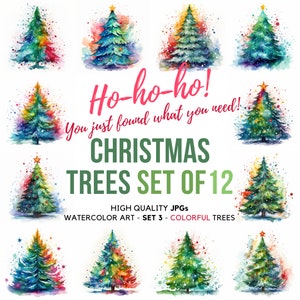 Christmas Tree Clipart Set of 12 Vibrant Colors JPG Digital Download Watercolor XMas Planners, Card Making, Digital Paper Craft, Cut Files