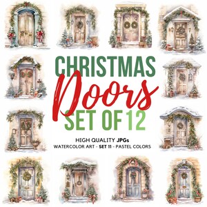 Portes de Noël Clipart Ensemble de 12 couleurs pastel JPG Téléchargement numérique Aquarelle XMas Planners, Fabrication de cartes, Artisanat en papier numérique, Fichiers coupés
