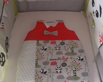 Mixed panda sleeping bag, grey, green, red, bow tie, various colors and sizes, birth, 0 to 18 months, 6 to 24 months, 18 to 36 months