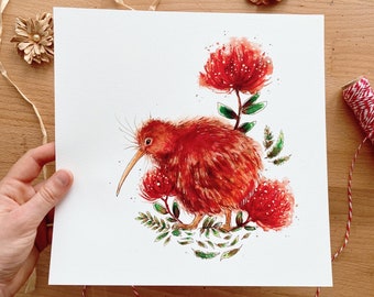 Kunstdruck &quot;Aotearoa&quot; - Kiwi Vogel und Pohutukawa Baum Blumen, rote Blüten, Aquarell Illustration, Nationalbaum Neuseelands, 24x24 cm