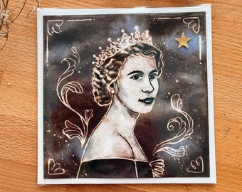 Queen Elizabeth II - Original artwork, Portrait in Inks, A queen to remember, Queen of England, Art nouveau inspired ornaments, Quink ink