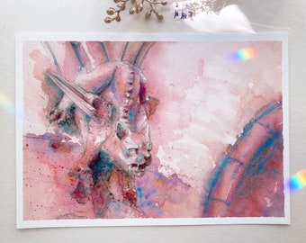 Art print "Gargoyle" A4 - Magical realism, impressionistic watercolor painting reproduction, Gargoyle from King‘s Cross St. Pancras London