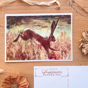 Hare Leaping Watercolor Postcard A6, 105mm x 148mm, Ilustración en acuarela, Brown Hare, Campo inglés - Conejo fotorrealista, Pascua