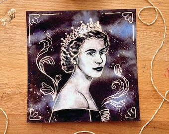 La reine Elizabeth II - Lilibet - Impression d'art carrée A5 sur papier coton, Portrait d'une reine mémorable, Reine d'Angleterre, Inspiration Art nouveau
