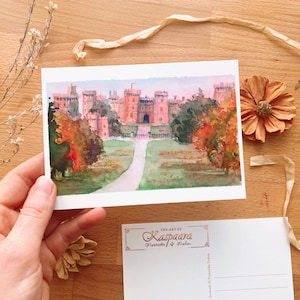Pink Castle Aquarelle Carte postale A6, 105mm x 148mm, Aquarelle Illustration, Château de Windsor, Angleterre en automne - Aquarelle impressionniste
