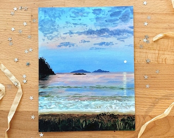 New Zealand night Art Print A5 - Printed on cotton paper - Beach scene, tranquility, moon over the sea, Aotearoa