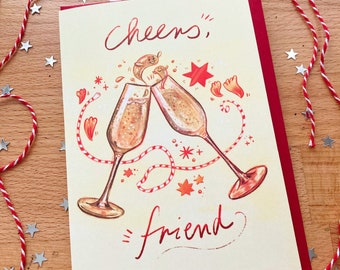 New Years card with red envelope - Champagne toast - Champagne glasses, Wedding toast,  greeting card, Congratulations to you