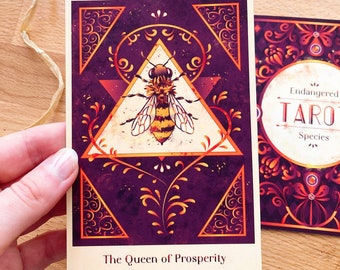 Honey bee Tarot Card, Queen of Prosperity, Endangered Species Tarot, Vector Illustration Design - Donate and protect bees