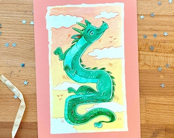 Art Print A5 - Green Dragon - Snake dragon soaring through pastel sky, Gouache artwork