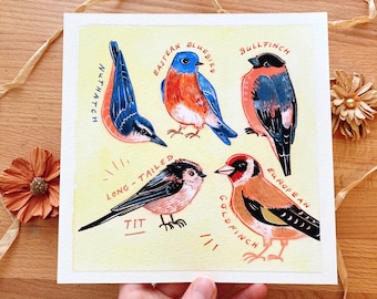 Impression d'art sur papier coton, haute qualité - Oiseaux de jardin - Oeuvre de gouache - Oiseaux anglais - Chardonneret, Sittelle, Bouvreuil, Mésange à longue queue