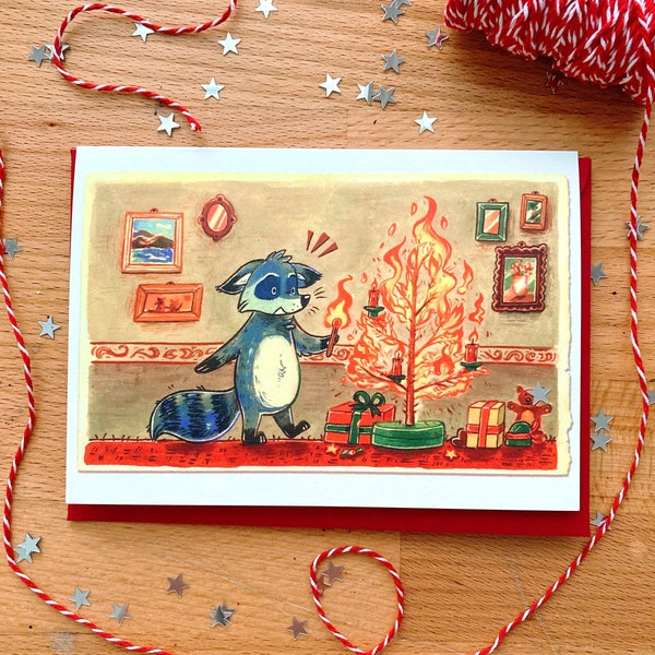 Weihnachtskarte mit rotem Umschlag - Light up the Christmas Tree - Süßer Cartoon Raccon, Streichhölzer, Grußkarte, Gouache Illustration