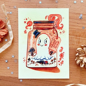 Art Print Ghost in a jar Cute ghost with hat, gentleman tophat, like a sir, Gouache artwork, printed on cotton paper zdjęcie 1