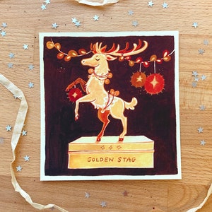 Art Print Golden Stag on cotton paper Christmas themed artprint, golden statue, fairylights, brown and gold, gouache illustration image 1