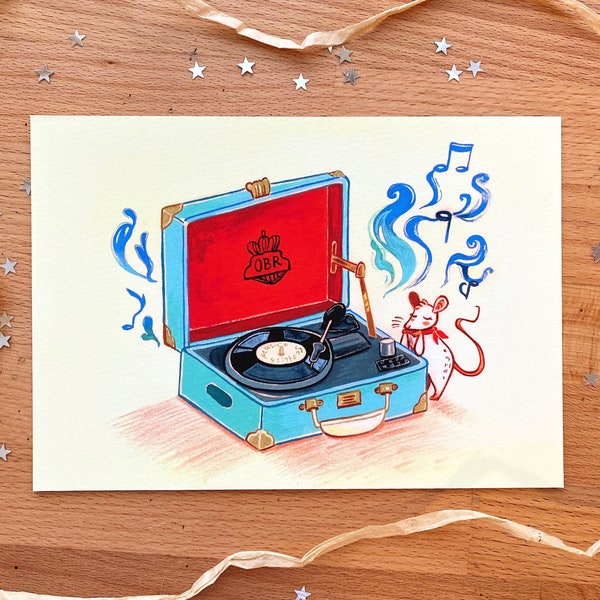 Art Print A5 "Safe and Sound" on cotton paper - White mouse character and retro record player, Music notes, Gouache artwork