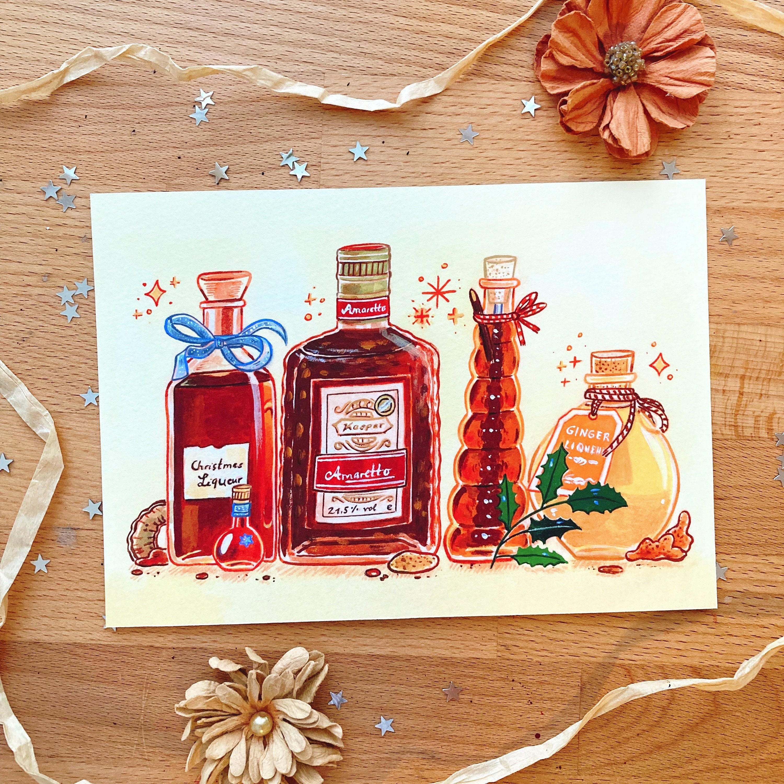 Art Print, cotton paper - Liqueur Feast - Christmas themed artprint, Liqueur bottles, festive design, christmas gift art, Amaretto